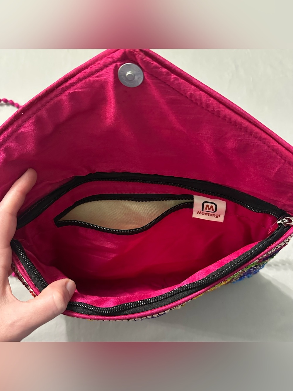 Maatangi Boho Embroidered Mirror Work Foldover Clutch Crossbody Purse Hot Pink - Picture 4 of 10